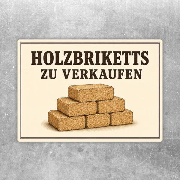 Querformatiger Holzbriketts zu verkaufen Aufkleber mit beige-braunem Motiv und gestapelten Briketts auf hellem Hintergrund.