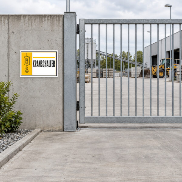 KI-generiertes Anwendungsbeispiel: Querformat-Schild zur Kranschalter Kennzeichnung mit gelber Symbolfläche und großem Schriftzug KRANSCHALTER.