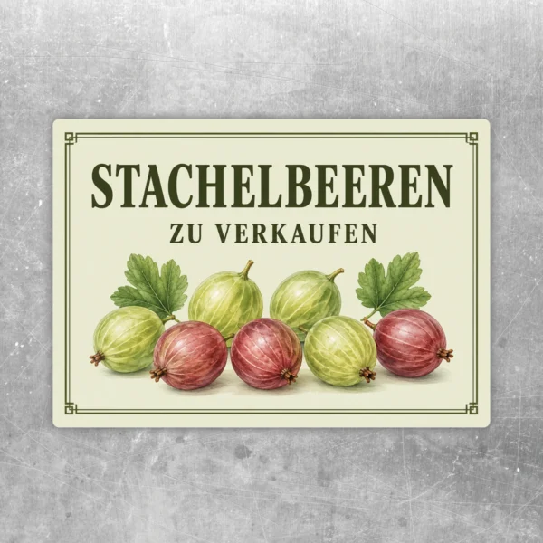 Stachelbeeren zu verkaufen Aufkleber mit grünen und roten Beeren auf cremefarbenem Hintergrund im Vintage-Stil.