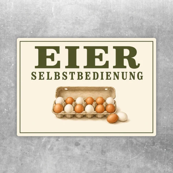 Eier Selbstbedienung Aufkleber mit cremefarbenem Hintergrund, grüner Schrift und Eiern im Karton für den Hofladen.