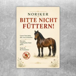 Noriker bitte nicht füttern Aufkleber mit Pferdemotiv in Creme, Rot und Braun für Stall, Hof und Weide.