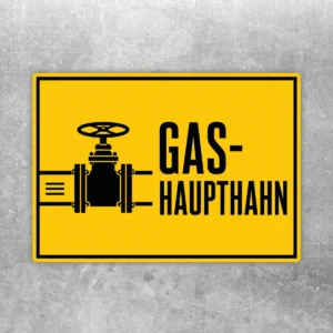 Gelb-schwarzer Gas-Haupthahn Aufkleber im Querformat mit Ventilsymbol und gut lesbarer Beschriftung.