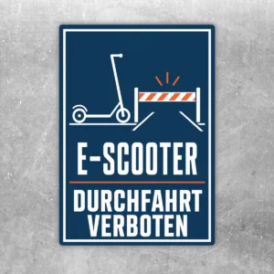 E-Scooter Durchfahrt verboten Aufkleber im Hochformat mit Scooter-Symbol, Absperrung und weißem Text auf Dunkelblau.