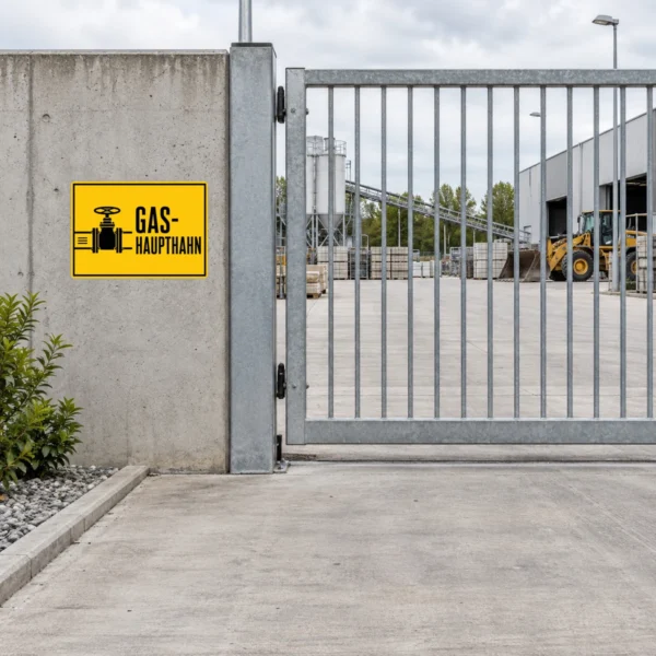 KI-generiertes Anwendungsbeispiel: Gas-Haupthahn Aufkleber auf Metalloptik mit gelbem Feld und schwarzem Ventilsymbol.