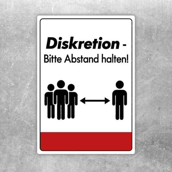 Diskretion Aufkleber Bitte Abstand halten im Hochformat mit Personensymbolen, Doppelpfeil und rotem Balken.
