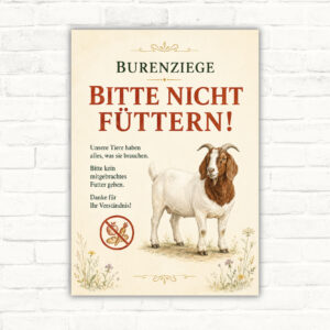 Burenziege bitte nicht füttern Schild mit Ziege, Verbotssymbol und gut lesbarem Hinweistexte für Hof oder Gehege.