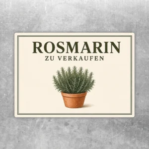 Rosmarin zu verkaufen Aufkleber mit Topfpflanze in Grün, Beige und Braun für Pflanzenverkauf und Kräuterpräsentation.