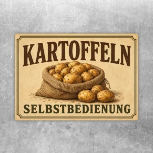 Kartoffeln Selbstbedienung Aufkleber mit Kartoffelsack und klarer Beschriftung in braunen und beige-grünen Farbtönen.
