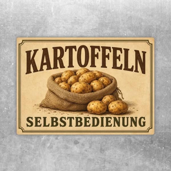 Kartoffeln Selbstbedienung Aufkleber mit Kartoffelsack und klarer Beschriftung in braunen und beige-grünen Farbtönen.