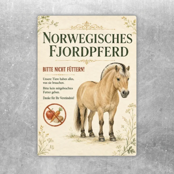 Bitte nicht füttern Aufkleber mit Norwegischem Fjordpferd in creme, grün und beige für Stall und Hof.