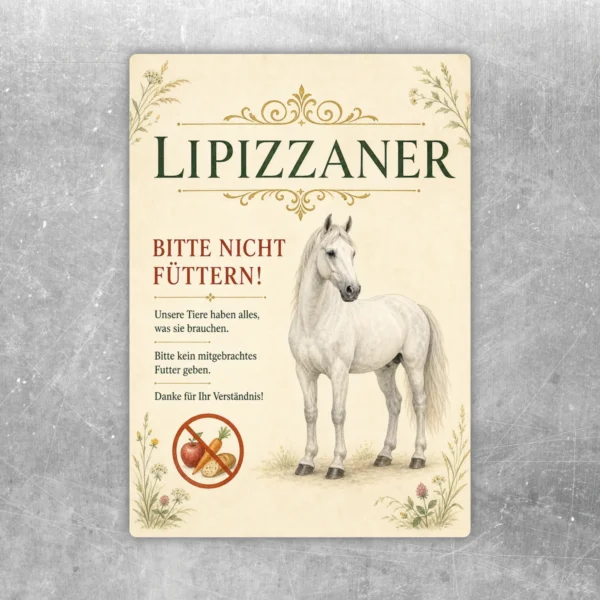 Aufkleber mit weißem Lipizzaner und Text „Bitte nicht füttern“ für Stall, Hof und Weide.