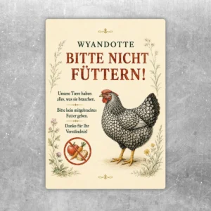 Wyandotte Bitte nicht füttern Aufkleber mit Henne, Hinweistext und floralem Rand für Stall und Hof