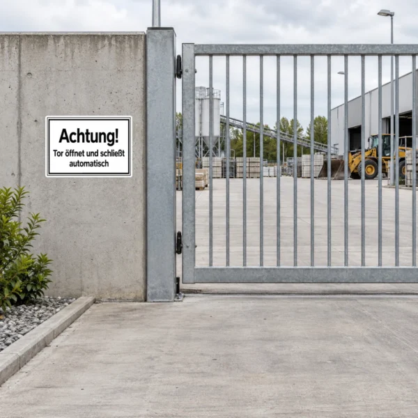 KI-generiertes Anwendungsbeispiel: Aufkleber Achtung Tor öffnet und schließt automatisch auf metallischer Fläche.
