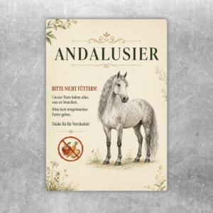 Andalusier Bitte nicht füttern Aufkleber mit Pferdemotiv, rotem Hinweistext und floraler Gestaltung für Hof und Stall.