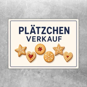 Plätzchen Verkauf Aufkleber mit Keksmotiv und blauem Schriftzug auf hellem Hintergrund für Verkaufsflächen.