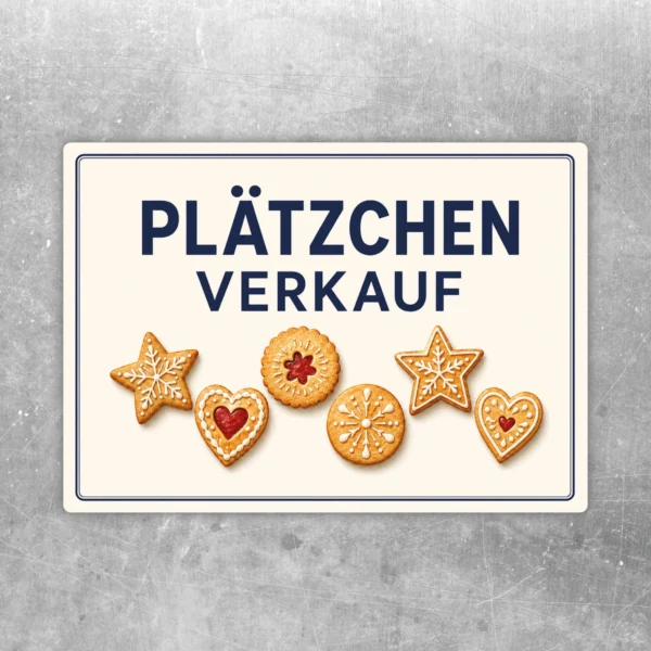 Plätzchen Verkauf Aufkleber mit Keksmotiv und blauem Schriftzug auf hellem Hintergrund für Verkaufsflächen.