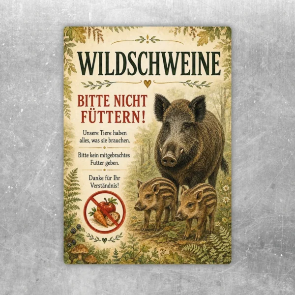 Wildschweine bitte nicht füttern Aufkleber mit Wildschwein-Motiv, Waldpflanzen und rotem Verbotssymbol im Hochformat.
