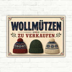 Schild mit drei Wollmützen und dem Text „Wollmützen zu verkaufen“ als dekoratives Verkaufsschild im Querformat.