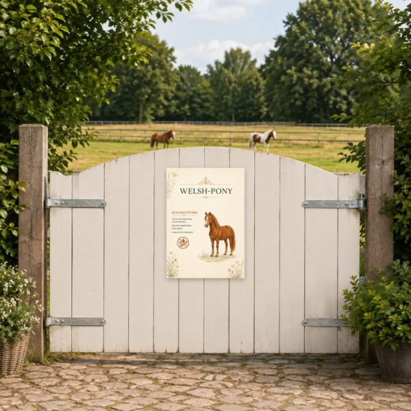 KI-generiertes Anwendungsbeispiel: Welsh-Pony auf einem Bitte nicht füttern Schild für Reitstall, Weide und Hof.