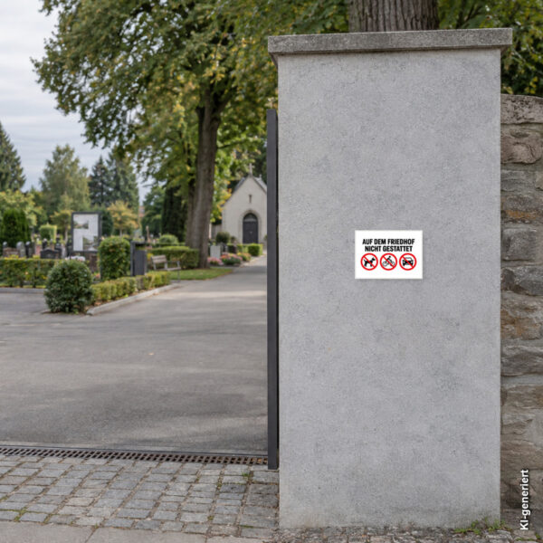 KI-generiertes Anwendungsbeispiel: Auf dem Friedhof nicht gestattet Aufkleber – Querformat passend auf einem Friedhof angebracht.