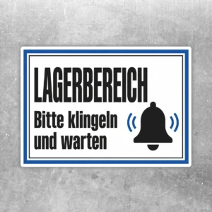 Aufkleber Lagerbereich Bitte klingeln und warten mit schwarzem Text, Glockensymbol und blauem Rahmen im Querformat.