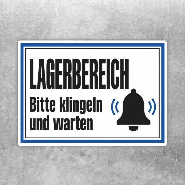Aufkleber Lagerbereich Bitte klingeln und warten mit schwarzem Text, Glockensymbol und blauem Rahmen im Querformat.