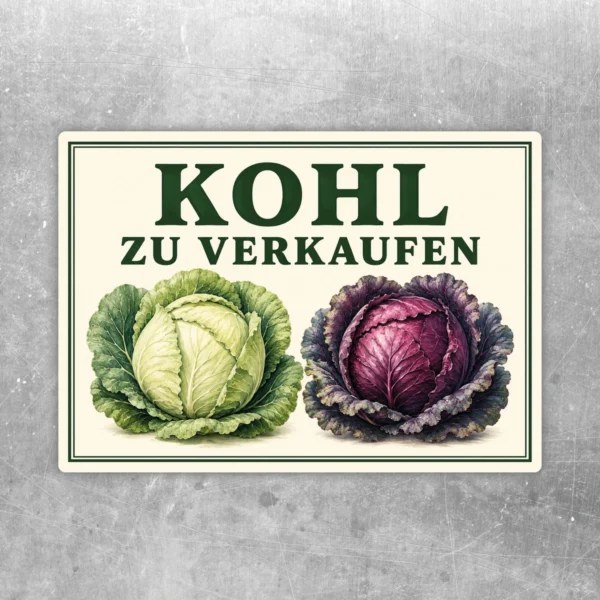 Kohl zu verkaufen Aufkleber mit zwei Kohlköpfen in Grün und Violett auf cremefarbenem Hintergrund