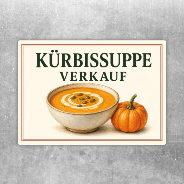 Kürbissuppe Verkaufsschild Aufkleber mit Schale Kürbissuppe und Kürbis in warmen Herbstfarben für Verkaufsflächen.
