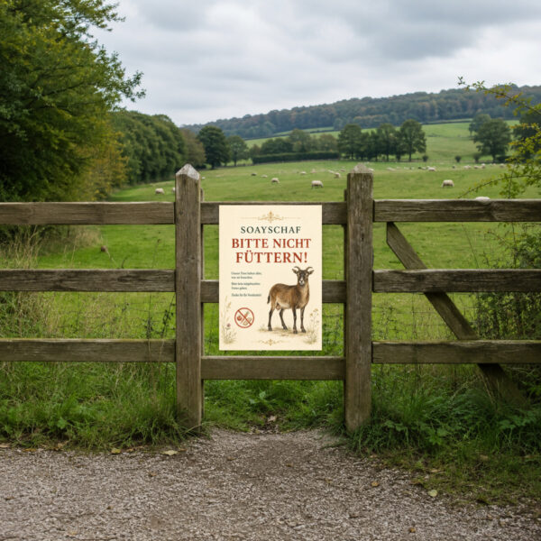 KI-generiertes Anwendungsbeispiel: Soayschaf-Schild mit Bitte nicht füttern als Hinweisschild am Eingang zum Tierbereich.