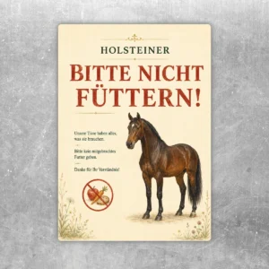 Holsteiner Bitte-nicht-füttern-Aufkleber mit Pferdemotiv in Creme, Rot und Braun für Stall und Weide.