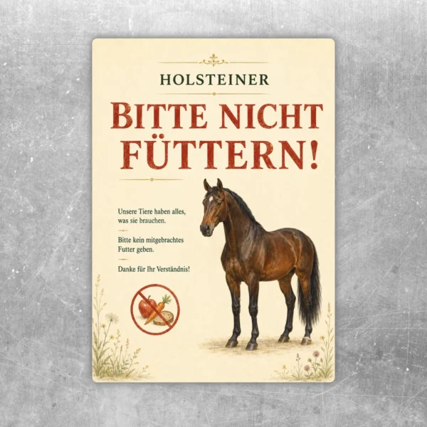 Holsteiner Bitte-nicht-füttern-Aufkleber mit Pferdemotiv in Creme, Rot und Braun für Stall und Weide.