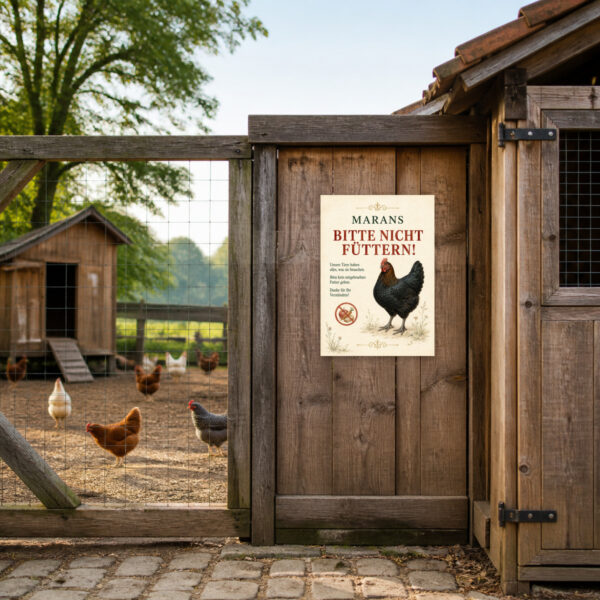 KI-generiertes Anwendungsbeispiel: Marans Bitte nicht füttern Schild mit Henne und Hinweistext für den Hühnerstall am Zaun.