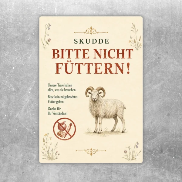 Skudde bitte nicht füttern Aufkleber mit Schafmotiv und rotbrauner Schrift auf cremefarbenem Hintergrund