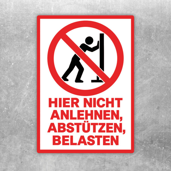 Nicht anlehnen Aufkleber – Hier nicht anlehnen, abstützen oder belasten als Standardmockup im Hochformat mit gut lesbarem Motiv.