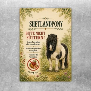 Shetlandpony bitte nicht füttern Aufkleber mit Ponymotiv, Naturrahmen und gut lesbarem Hinweistext in Hochformat.