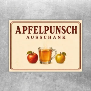 Apfelpunsch Ausschank Aufkleber mit Apfelmotiv, Glas und warmer Schrift auf beige-braunem Hintergrund im Querformat.
