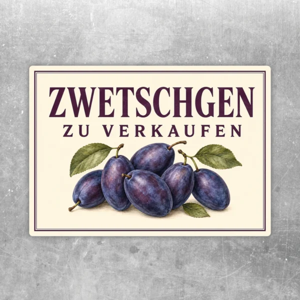 Zwetschgen zu verkaufen Aufkleber mit violetten Früchten und cremefarbenem Hintergrund für den Obstverkauf.