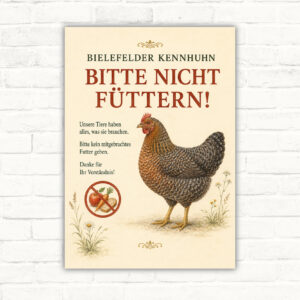 Bielefelder Kennhuhn bitte nicht füttern Schild mit Hühnermotiv, großem Hinweistext und Hinweis auf mitgebrachtes Futter.