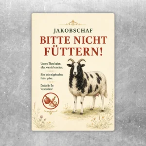 Jakobschaf Bitte nicht füttern Aufkleber mit Schafmotiv und rotem Hinweistext für Hof und Weide.
