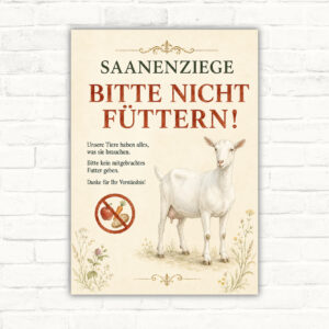Saanenziege bitte nicht füttern Schild mit weißer Ziege, deutlichem Hinweistext und Verbotssymbol im Hochformat.