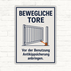 Warnschild bewegliche Tore mit Piktogramm und Text: Vor der Benutzung Antikippsicherung anbringen.