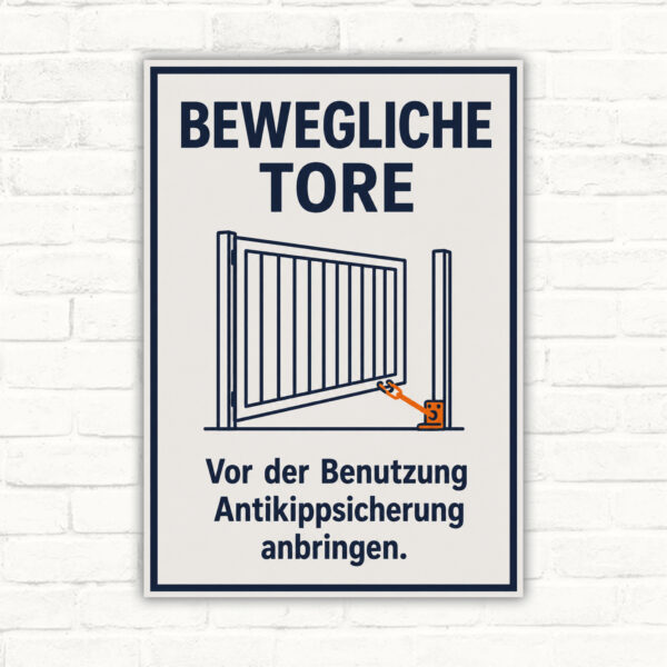 Warnschild bewegliche Tore mit Piktogramm und Text: Vor der Benutzung Antikippsicherung anbringen.