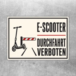 Querformatiger E-Scooter Durchfahrt verboten Aufkleber mit Roller-Symbol, Schranke und schwarzer Schrift auf weißem Grund.