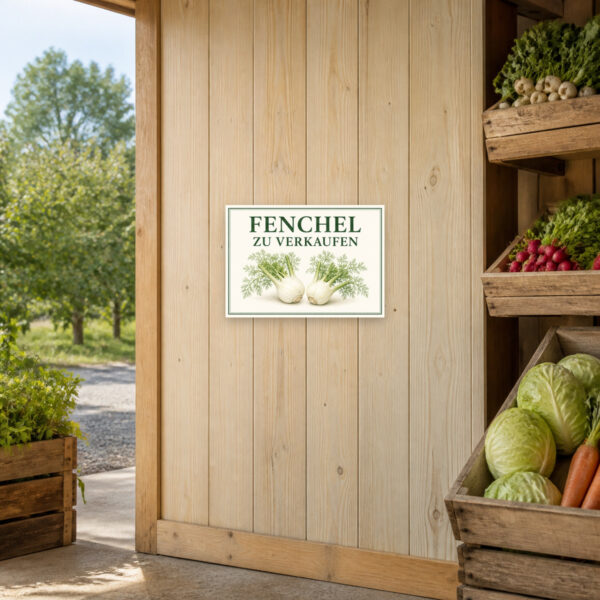 KI-generiertes Anwendungsbeispiel: Fenchel zu verkaufen Schild im Querformat mit botanischem Motiv für Hofladen und Marktstand.