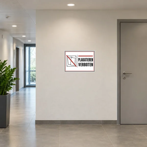 KI-generiertes Anwendungsbeispiel: Plakatieren verboten Aufkleber auf grauer Fläche mit rotem Rahmen und deutlichem Verbotstext.