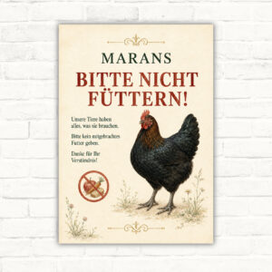 Marans Bitte nicht füttern Schild mit Henne, rotem Hinweistext und verbotener Fütterung auf hellem Hintergrund.