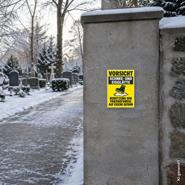 KI-generiertes Anwendungsbeispiel für Vorsicht Schnee- und Eisglätte – Friedhofswege auf eigene Gefahr Schild – Hochformat
