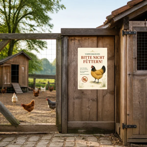 KI-generiertes Anwendungsbeispiel: Vorwerkhuhn Bitte nicht füttern Aufkleber im Hochformat an einer glatten Stalltür im Hofbereich.