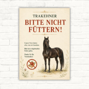 Trakehner Bitte nicht füttern Schild mit Pferdemotiv und deutlichem Hinweistext für Stall oder Weide.