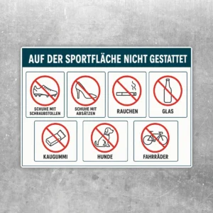 Aufkleber mit Verbotssymbolen für Sportflächen: Schraubstollen, Absätze, Rauchen, Glas, Kaugummi, Hunde und Fahrräder.